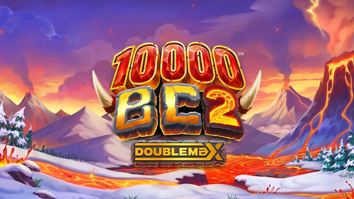 ภาพกราฟิกของเกมสล็อต 10000 BC DoubleMax 2 ที่แสดงบรรยากาศยุคหินและตัวคูณรางวัล