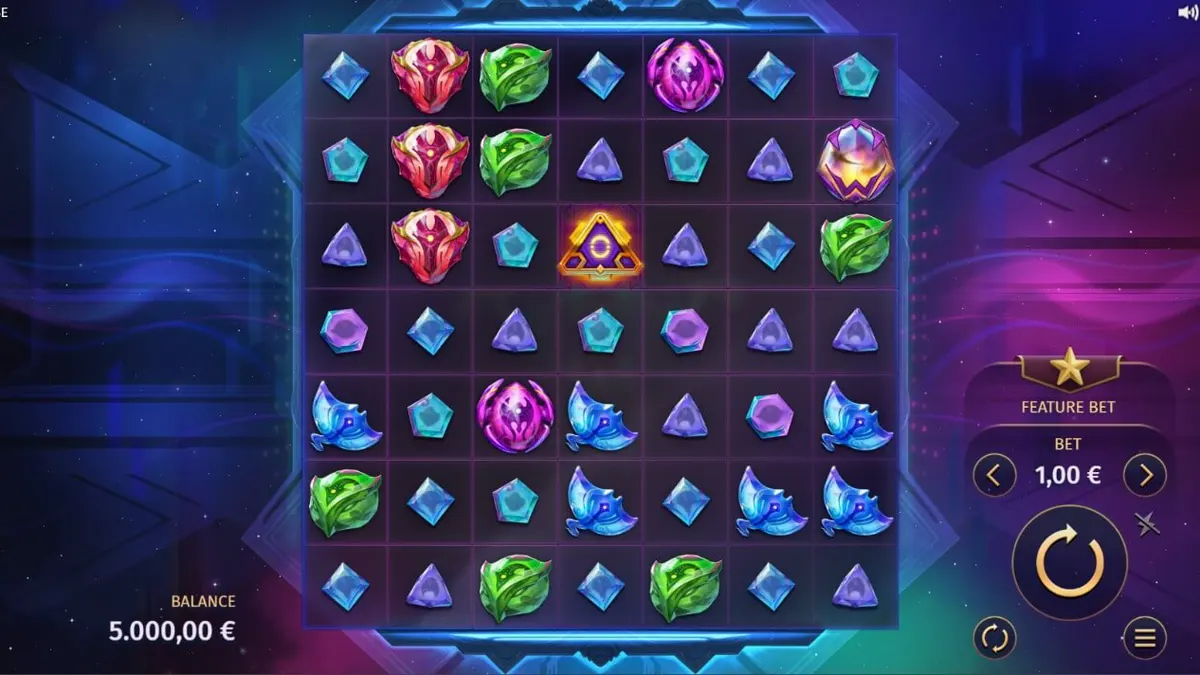 หน้าจอเกมสล็อต Phantom Pulse ที่มีกราฟิกคอสมิกและตาราง 7x7