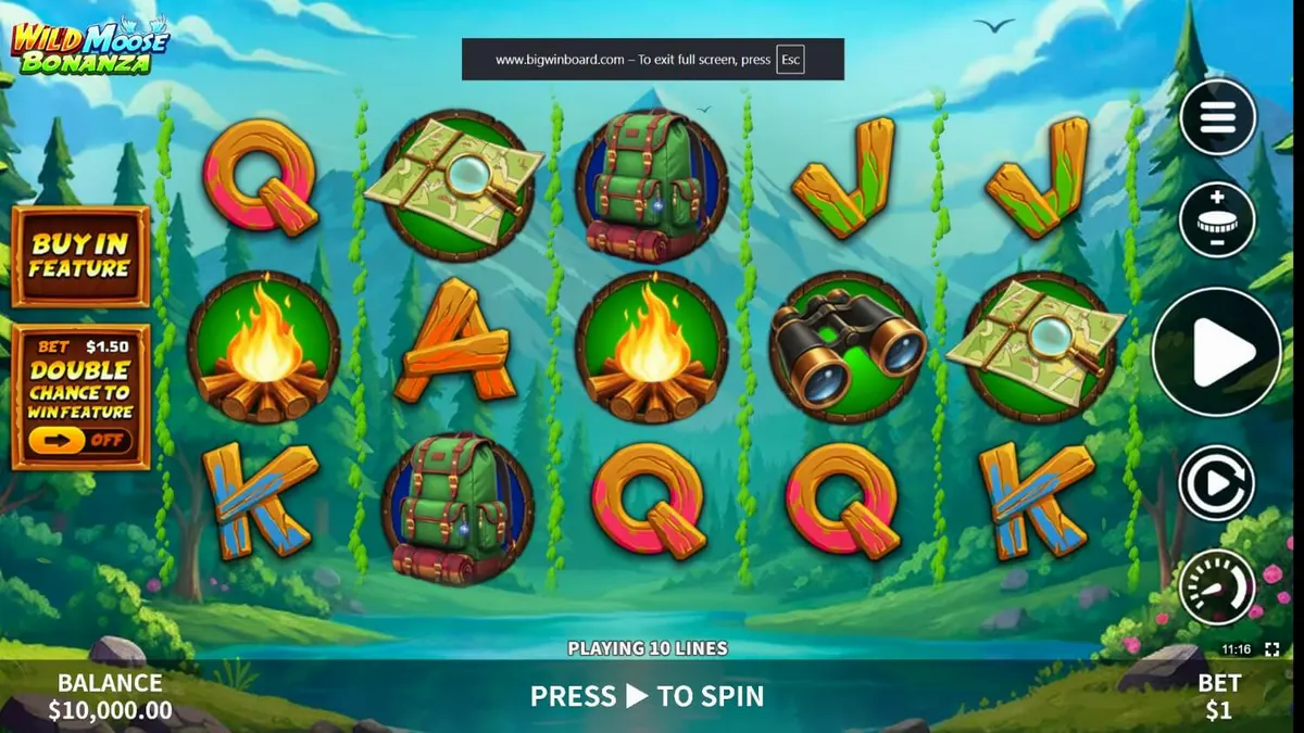 หน้าจอเกมสล็อต Wild Moose Bonanza พร้อมสัญลักษณ์สัตว์ป่าและบรรยากาศป่าไม้